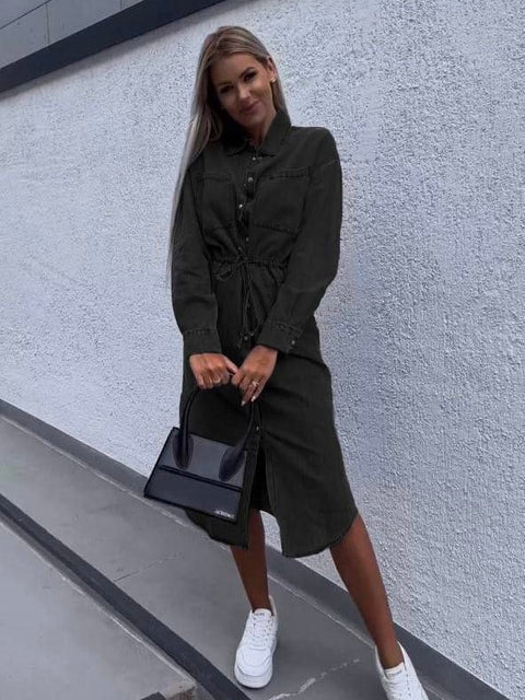 Black Denim Drawstring Waist Long Sleeve Shirt Midi Dress