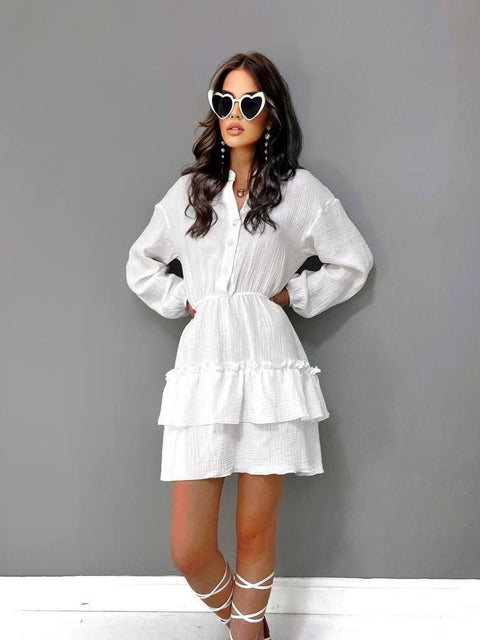 White Button Up Ruffle Layered Mini Dress