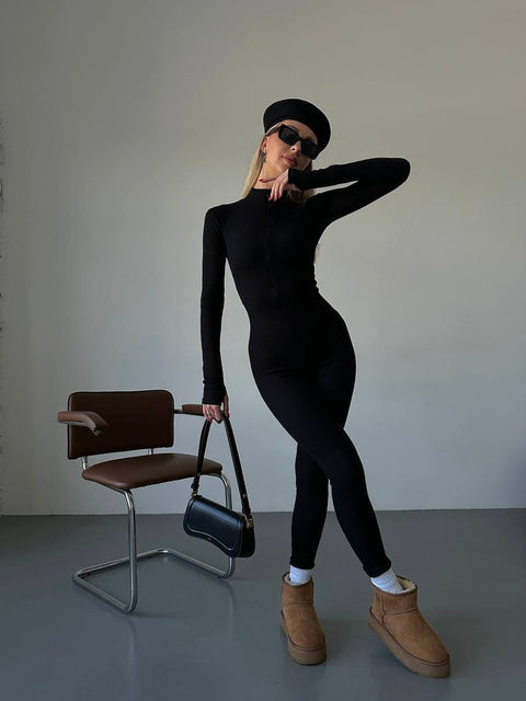 Black Ribbed Angora Thumb Hole Zip Up Catsuit