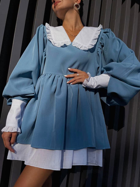 Blue Peter Pan Collar Lantern Sleeve Babydoll Dress