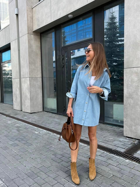 Blue Corduroy Snap Button Up Shirt Mini Dress