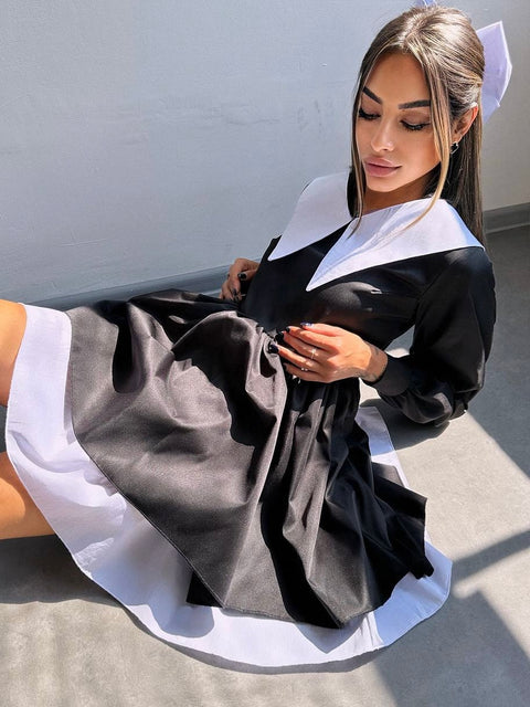 Black Pointed Collar Babydoll Mini Dress with Hair Bow