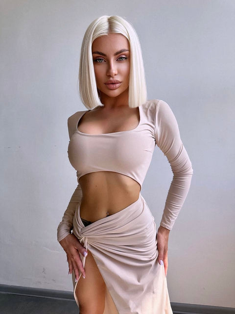 Beige Cut Out Front Twist Detail Thigh Split Midi Dress