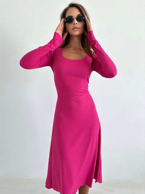 Hot Pink Scoop Neck Long Sleeve Lace Up Back Midi Dress
