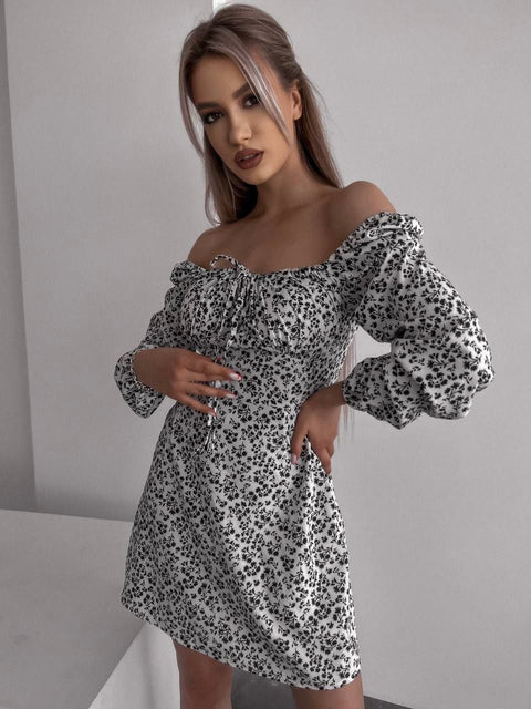 White Small Black Floral Print Drawstring Square Neck Dress