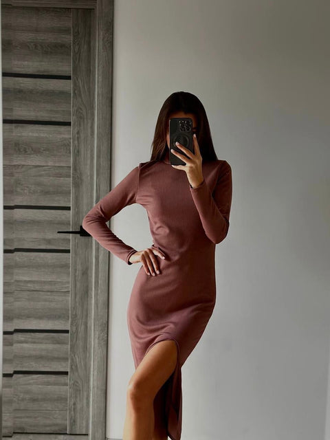 Brown Ribbed Mock Neck Long Sleeve Leg Slit Midi Dress