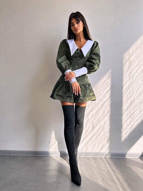 Khaki Pointed Collar Drop Waist Button Up Ruffle Mini Dress