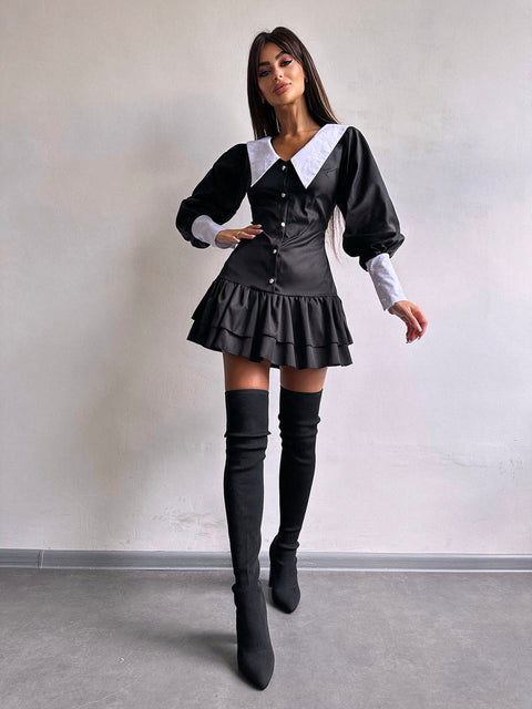 Black Pointed Collar Drop Waist Button Up Ruffle Mini Dress
