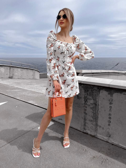 White Orange Floral Print Drawstring Square Neck Dress