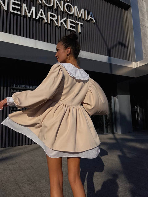 Beige Peter Pan Collar Lantern Sleeve Babydoll Dress